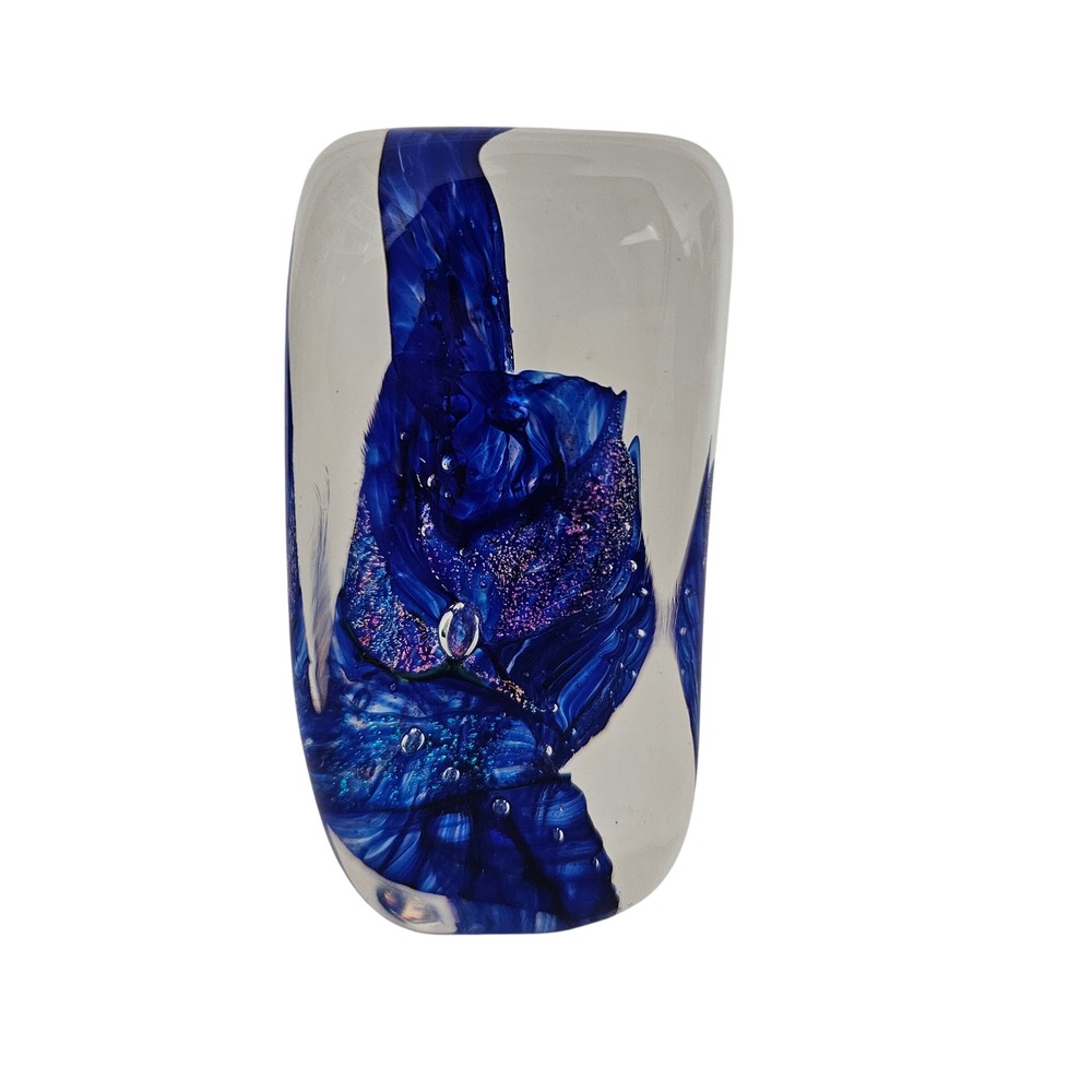 Signed Studio Art Glass Paperweight Rectangle Cobalt Blue Swirl Ribbons 4"